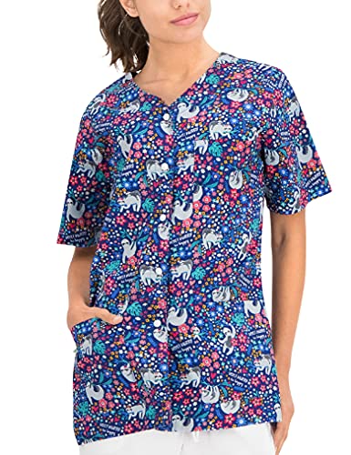 B-well Carina Schlupfkasack Damen Kasack Kurzarm V-Ausschnitt Kasacks Damen Pflege mit Knöpfen (Sloths, L)