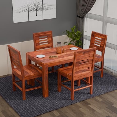 Image of 45 Inch Length Solid Sheesham Wood 4 Seater Dining Table Set | Four Seater Dinner Table with 4 Chairs | Dinning Table Set 4 Seater for Living Room | Wooden Table & Chair Set | Honey Finish