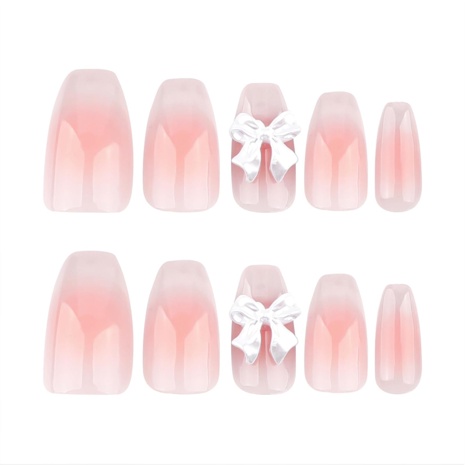 GlamRays 24 Pieces French Press on Nails Medium Coffin Shape Fake Nails with Cute Bow Nail Charms Rhinestones Designs Acrylic nails Glossy Nude Pink False nails Reusable Stick On nails - Image 4