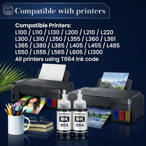 Image of ROHINK T664 Black Compatible Refill Ink for Epson L130, L360, L380, L361, L565, L210, L220, L310, L350, L355, L365, L385, L550, L555, L605, L1300 Printer - 70ml x 2 Bottles