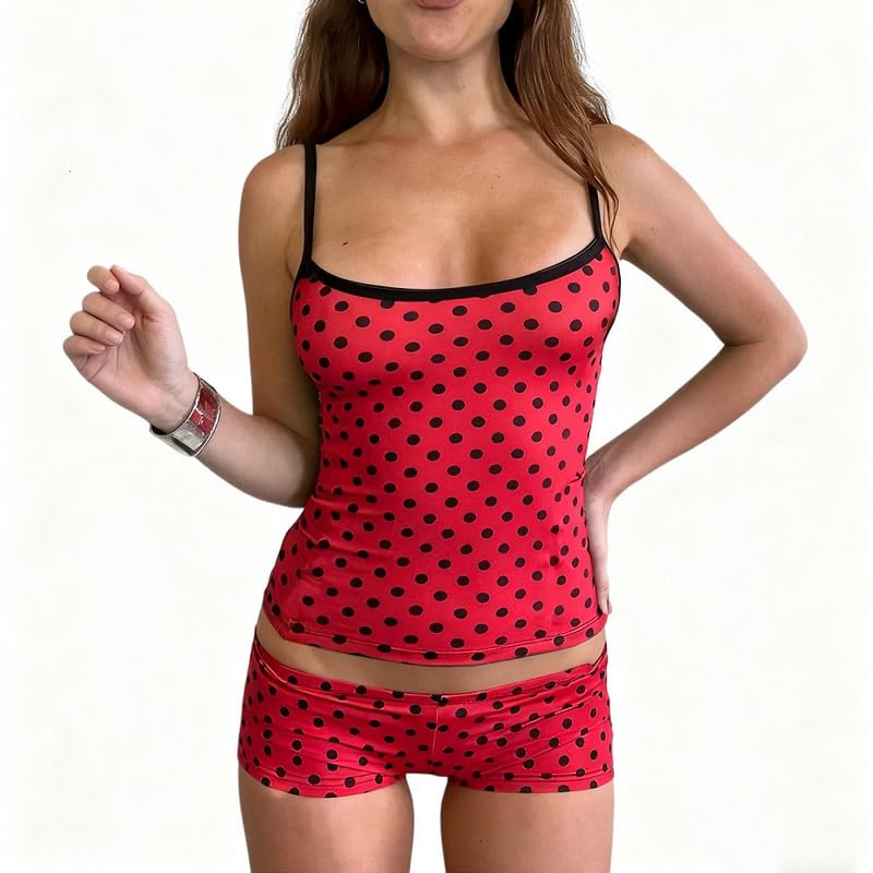 Image of Womens Y2K Cute Print Cami Pajama Sets Lace Trim V Neck Tank Top Shorts Set Bow Heart Print 2 Piece Sleepwear
