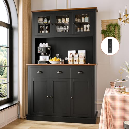 Image of MU 71 inch Kitchen Pantry Cabinet with Charging Station, Kitchen Hutch, Black