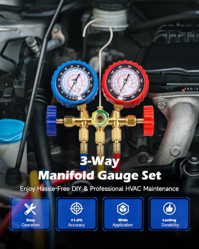 Image of Orion Motor Tech AC Gauge Set with Self Sealing & Puncturing R134A Can Tap, AC Gauges for R134a R12 R22 R502 Refrigerant, Car AC Gauge Set with 5FT Hoses Adapter Adjustable Couplers, Freon Charge Kit