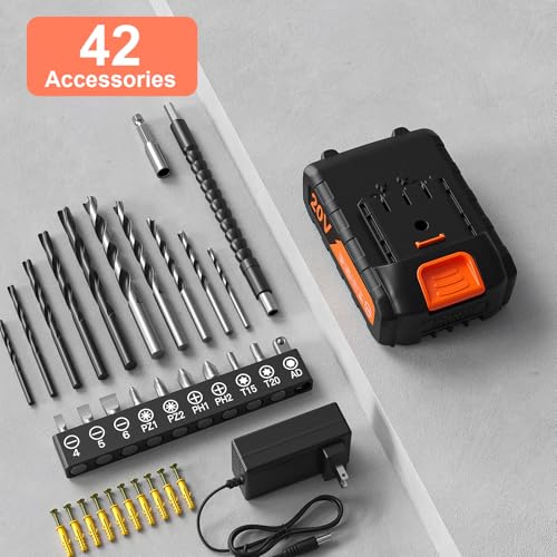 Image of Cordless Drill Set, 20V Power Drill with Power Pack 2.0Ah and Charger, 3 /8-Inch Keyless Chuck Electric drill, 25+1 Position, 42pcs Drilldriver Bits /Screws for DIY Projects (Black Grey)