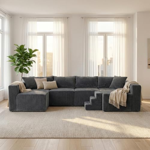 Image of Claiks 128 inch Modular U Shaped Couch, Sectional Deep Seat Sofa with Pet Stair, Dark Grey