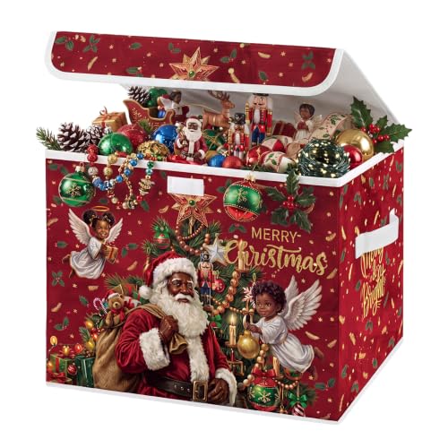 Image of Briwooody Black Christmas Santa Claus Storage Bin with Lid and Carrying Handle African American Christmas Storage Box Large Xmas Decorative Collapsible Container Basket for Organizing Closet Home Gift