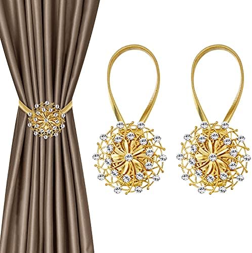 2 PCS Magnetic Curtain Tiebacks, Crystal Decor Curtain Ties for Drapes No Drilling Drapery Holdbacks with High-Elastic Spring Wire for Home Office Window Decorative Holdback, Gold