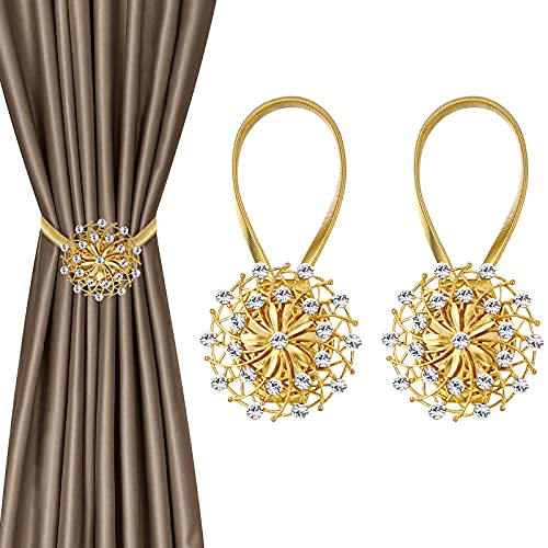 2 Pcs Magnetic Curtain Tiebacks, Crystal Decor Curtain Ties For Drapes No Drilling Drapery Holdbacks With High-Elastic Spring Wire For Home Office Window Decorative Holdback, Gold #TOP2