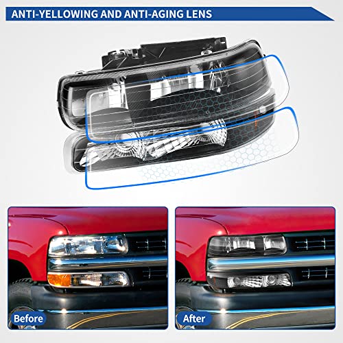 Image of OEDRO Halogen Headlight Assembly Compatible with 1999-2002 Chevy Silverado 1500 2500 /2001-2002 Silverado 1500HD 2500HD 3500 /2000-2006 Tahoe /Suburban Headlamp Black housing Amber Reflector (W /O Bulbs)