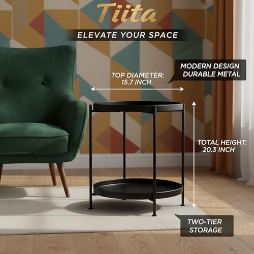 Image of Tiita Black Round End Tables, 2 Pack, 2-Tier Metal Side Tables, Nightstands