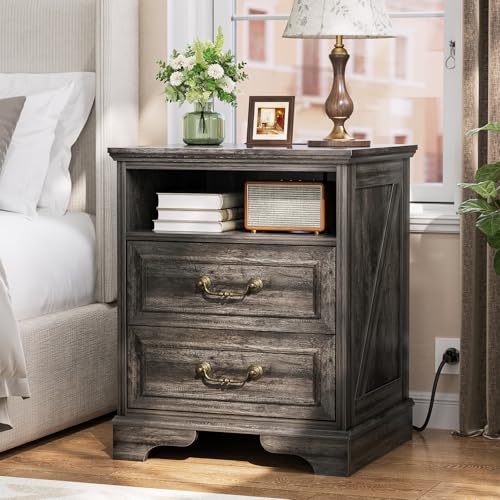 Unikito Farmhouse Nightstand with Charging Station, Bedside Table with 2 Large Drawers & Vintage...