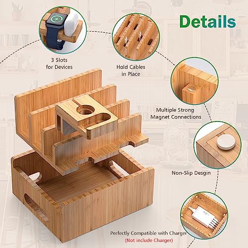 Pezin & Hulin Bamboo Charging Stations For Multiple Devices, Upgrade Desk Docking Station Organizer For Cell Phones, Tablet, Smart Watch & Earbuds Stand (Includes 6 Cables But No Power Supply Charger) #TOP1