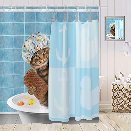 ASDCXZ Duschvorhang Lustig 180x200 cm, Blau Lustig Katze Badewanne Duschen Kind Duschvorhänge Stoff Waschbar Polyester Textil Wasserdicht Duschvorhang für Badewanne mit 12 Duschvorhang Hake