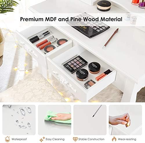 CASART Dressing Table Set with Lights, LED Vanity Table with Adjustable Brightness Mirror & Cushioned Stool, Hollywood Makeup Dresser Desk Furniture for Bedroom
