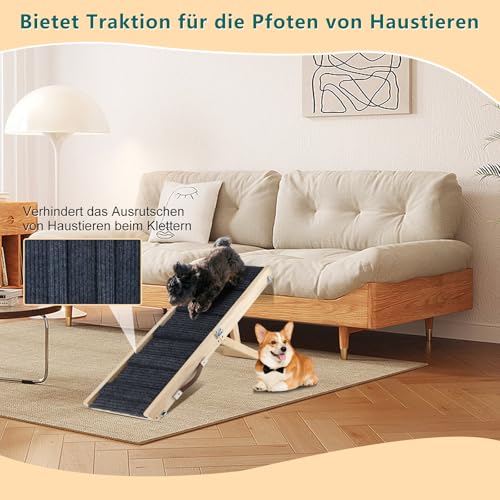 Sbayool Hunderampe für Kleine Hunde und älteren, Katzen Rampe Hundetreppe 4 Höhenverstellbare von 25CM bis 48CM mit Rutschfester Trittmatte, Hölzerne Haustierrampe Klappbar für Bett Oder Sofa