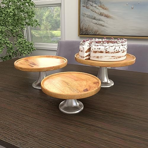 Deco 79 Mango Wood Cake Stand With Aluminum Accents, Set Of 3 10", 12", 14"W, Brown #TOP6