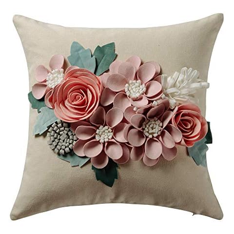 JWH Spring Flower Throw Pillow Cover Aesthetic Decorative Floral Accent Pillow Case Colorful Cushion Handmade Pillowcase Bed Living Room Couch Office 18x18 Inch Beige Pink Cover