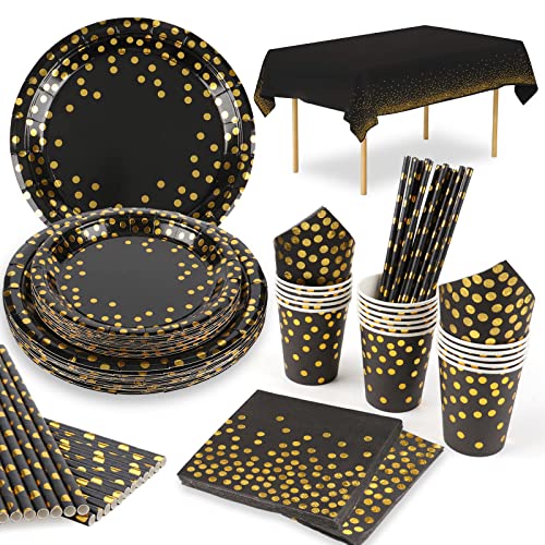 16 Guests Black and Gold Party Supplies Black Paper Party Plates Napkins Cups Table Cloth Straws Golden Dot Paper Party