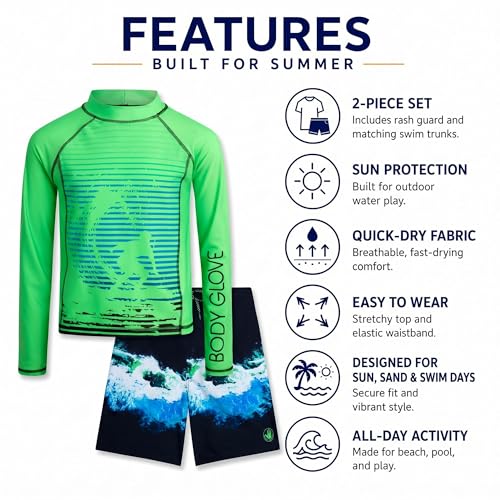 Image of Body Glove Boys Swim Set - 2 Piece Boys Swim Trunks with Rash Guard UV Protection Swimsuit Kids Bathing Suits (Sizes 4-12)
