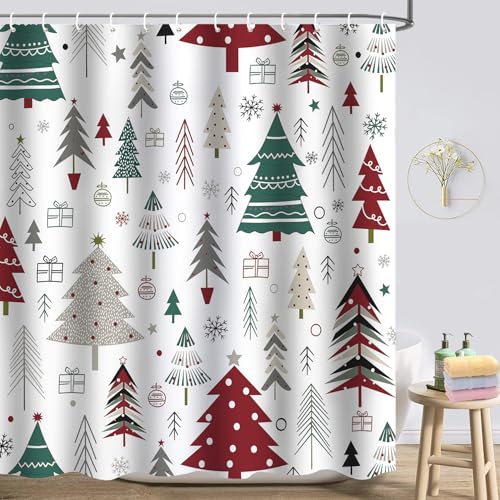 Atwqevon Christmas Shower Curtain, Christmas Tree Shower Curtain Set, Winter Shower Curtains for Bathroom, Xmas Tree Snowflake Bathroom Shower Curtain Sets, Shower Curtains Bathroom Decor 72x72 inch
