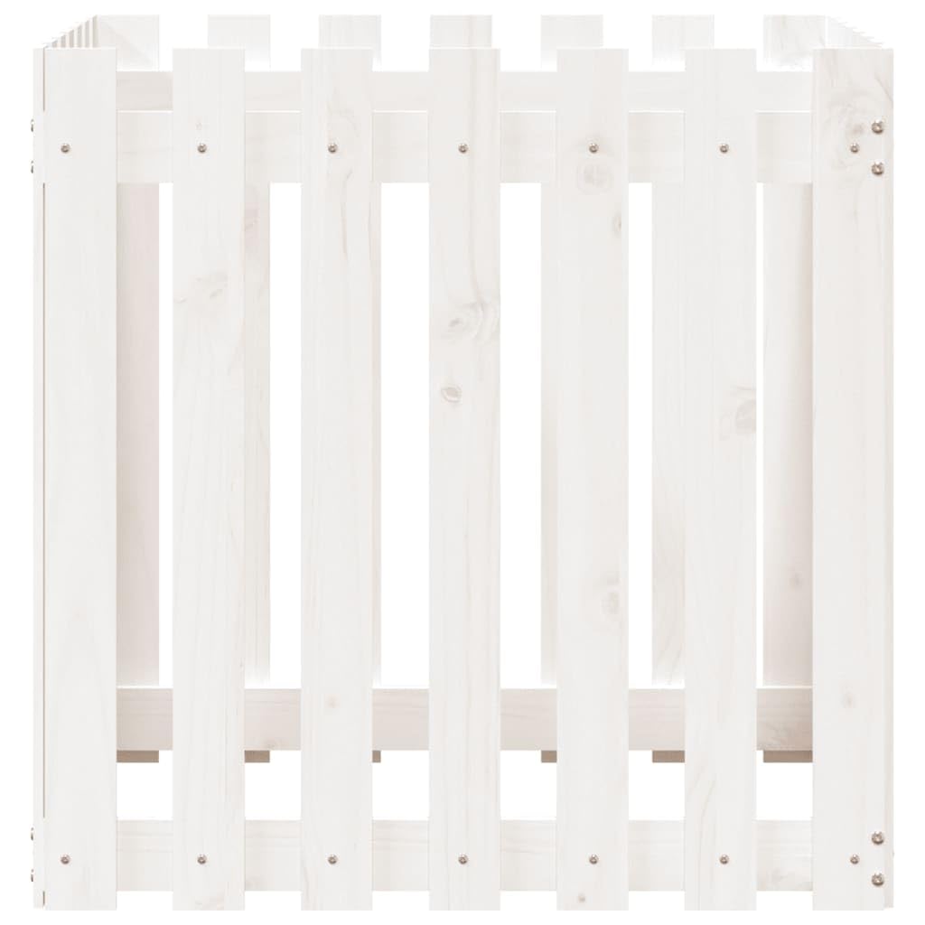 Macetero con diseño de valla de listones, color blanco, 70 x 70 x 70 cm, de madera maciza de pino para flores y plantas, maceta profunda con mucho espacio, uso versátil, material natural