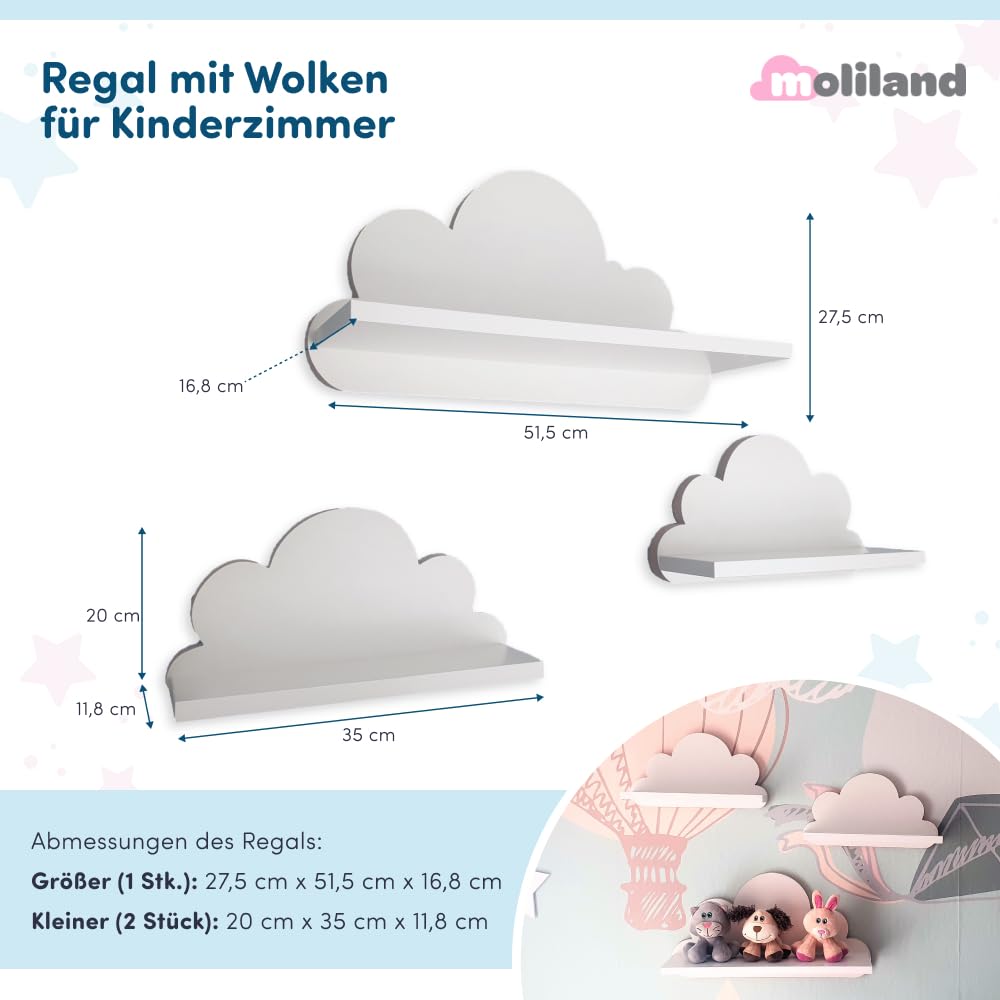 3er Set Wandregal Kinderzimmer Weiß | Babyzimmer Wolkenregal für Bücher, Spielzeug, Dekoration | Regal Wolke aus Holz | Skandinavischen Stil | Schweberegal Wanddeko Ibiza- Elegance