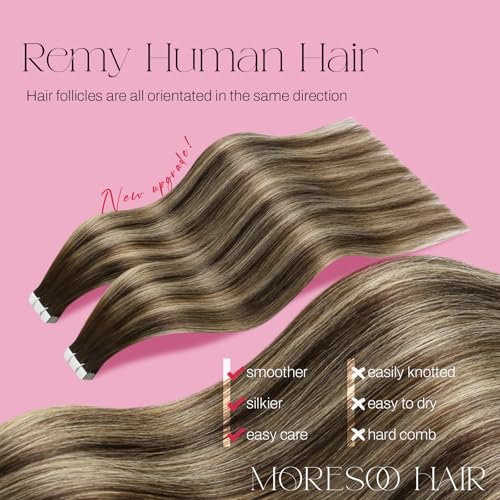 Image of Moresoo Hair Extensions Tape in Caramel Balayage 18in 20Pcs 50g | Human hair extensions tape in, low-contrast caramel highlights, skin weft tabs, added length for office and weekend wear