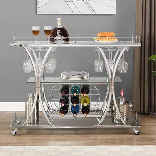LEFHDA Glass Silver Bar Cart with Wine Rack&Glass Holder, Mobile Kitchen Serving Cart with Wheels&Storage, Modern Kitchen Trolley with 3-Tier Shelves&Metal Frame