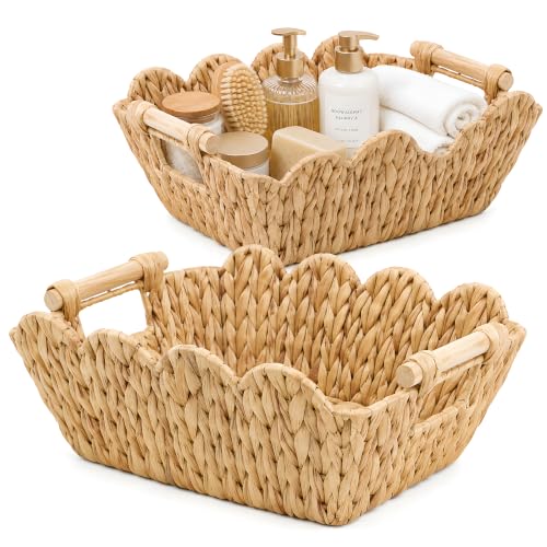 Decorative Wicker Baskets, 2 Pack Scalloped Woven Water Hyacinth Baskets | Wooden Handles for Gift Basket Making, Pantry, Cabinet, Closet and Apartment Storage