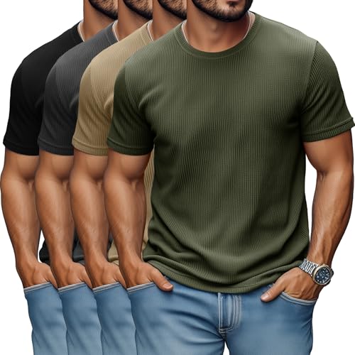 4 Pack Men's Big and Tall T Shirts Short Sleeve Crewneck Ribbed Knit Tops Basic Slim Fit Muscle Tee Shirts