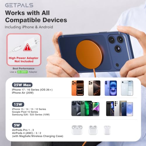 Image of 25W Magnetic Portable Fast Wireless Charging Pad for Apple iPhone Series | Compatible with iPhone 17 16 15 14 13 12 Pro Max, Google Pixel, Flat Slim for Travel Office Bedside, Orange - 2Pack