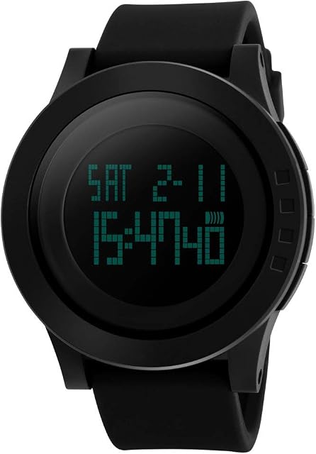 FeiWen Mens and Womens Large Dial Digital Sports Watch Outdoor Military 50M Waterproof Plastic Case with Rubber Strap LED Display Simple Design Multifunction Wristwatches, Black
