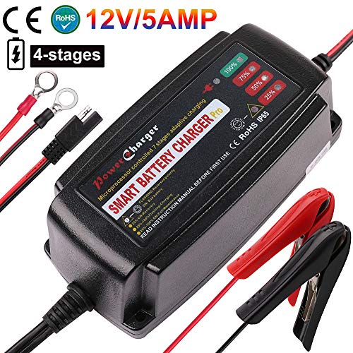 12V 5A Trickle Battery Charger, Battery Maintainer for Car, Automobile, Motorcycle, Lawnmower, Marine, Boat, ATV, RV, UTV, Ride-on Toy, SLA GEL VRLA Wet AGM Sealed Lead Acid Battery Charger