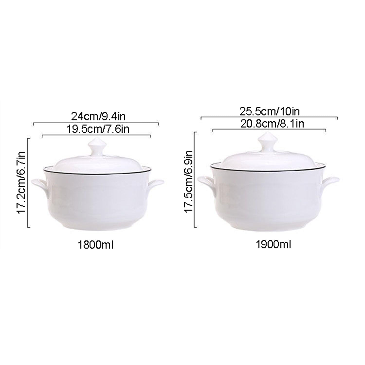 Sopa de Porcelana sopera con Tapa con Asas 1800 ml Juego de cerámica Blanca Francesa para Hornear,1900ml