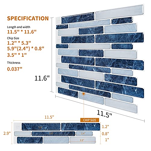 Wowstar 10-Sheet Peel And Stick Tiles, Marble Look Kitchen Backsplash Tiles, 11.5"X11.5" Dark Blue #TOP5