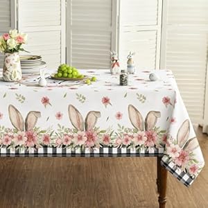 Horaldaily Easter Tablecloth 60×84 Inch Rectangular Spring Flower Buffalo Plaid Bunny Ear Table Cover for Party Picnic Dinner Decor
