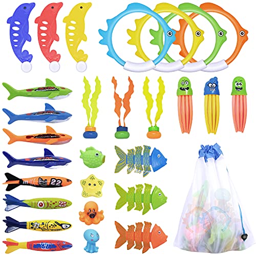 LAPPAZO 28 peças Jogos de piscina para crianças 28 unidades brinquedos de mergulho conjuntos de brinquedos natação subaquática com saco de armazenamento jogos de água no verão para crianças (1)