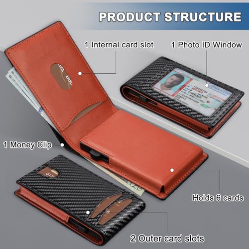 GSG Minimalist wallet for men with cash slot,Pop up wallet with Id window,Slim bifold wallet,RFID Blocking, Leather Slots Credit Card Holder with Gift Box,9-12 Cards,Carbon Fiber Black and Blue2