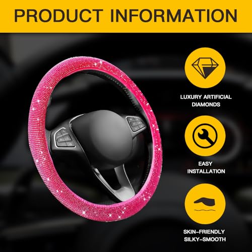 Image of Car Steering Wheel Cover with Sparkly Rhinestones, Bling,Suitable for Most 14.5 inch-15 inch Pickup Trucks, SUV (Pink)