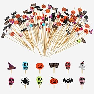 Bekeify Halloween Cocktail Sticks 200Pcs Wooden Cocktail Swizzle Picks 12cm Bamboo Toothpicks Skull Fruit Sticks Food Garnish Skewers for Party Sandwiches Pumpkin Bat Spider Topper Ghost Decoration