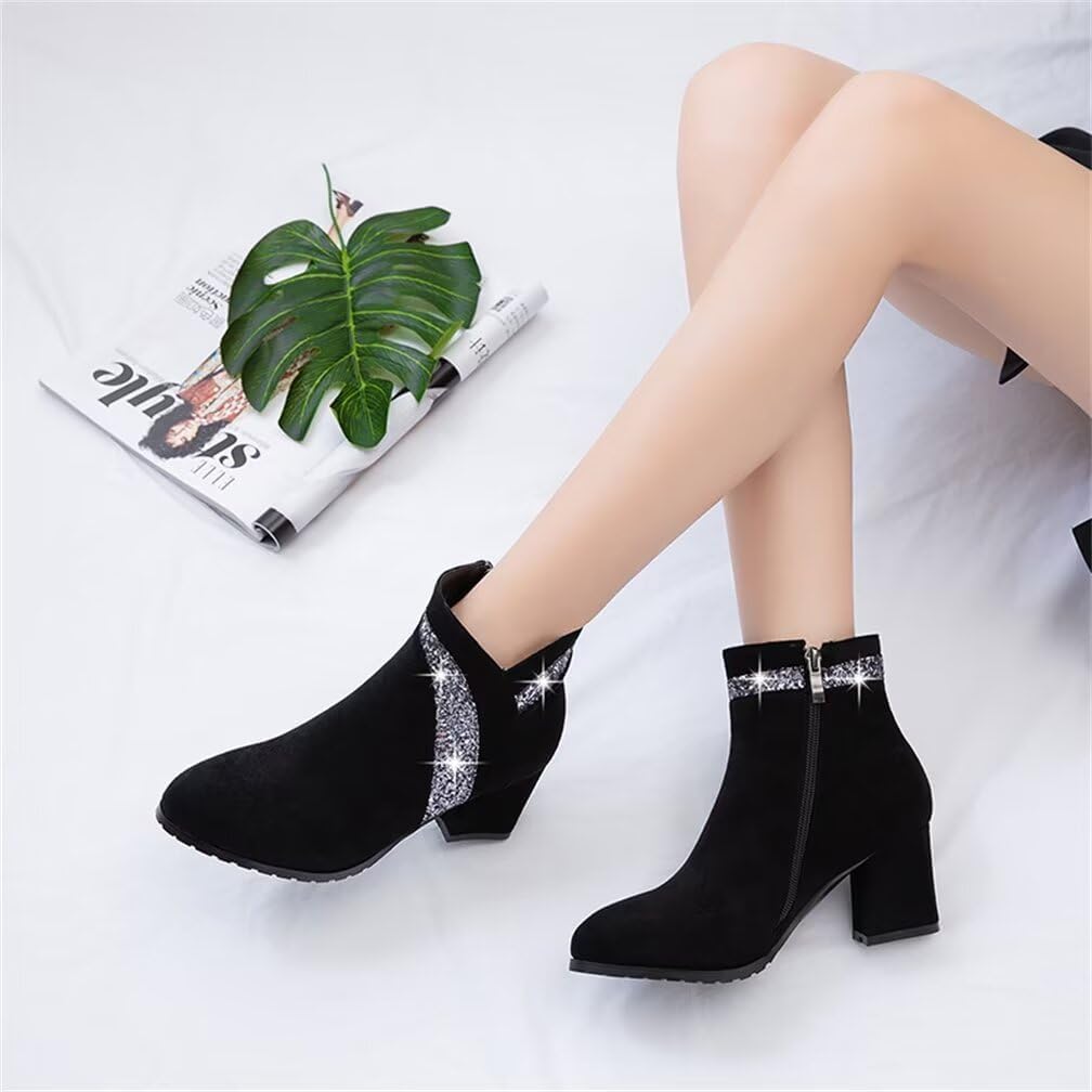 gongxifacai Woman Fashion Block Chunky Heel Ankle Booties Round Toe Side Zipper Dress Boots