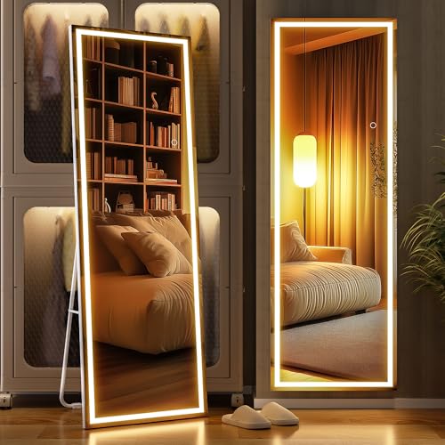WINNICE Full Length Mirror with Lights, 56" x 16" LED Lighted Floor Standing Body Mirror, Dimmable & 3 Color Lighting for Bedroom, Cloakroom, Dressing Room, Tempered Glass, Square White