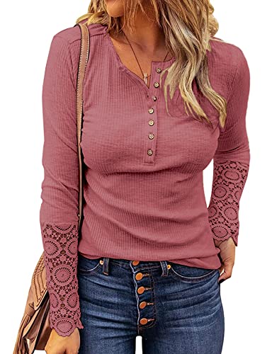 Image of Kancystore Women's Fall Long Sleeve Tops Lace V Neck Button Down Henley Shirts Tunic Blouses