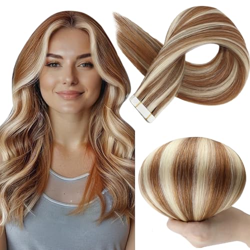Image of Full Shine Tape in Extensions Color 330 Copper Brown Highlighted 800 Blonde 12Inch Short Double Sided Tape in Hair Extensions Human Hair 30Gram Remy Straight Skin Weft 20Pcs for Women