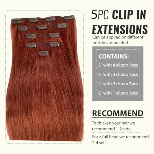 Image of Belaved Clip in Hair Extensions 20 Inch 5PCS 70g Auburn in Real Human Hair Extensions Seamless Invisible Straight for Women Red #135