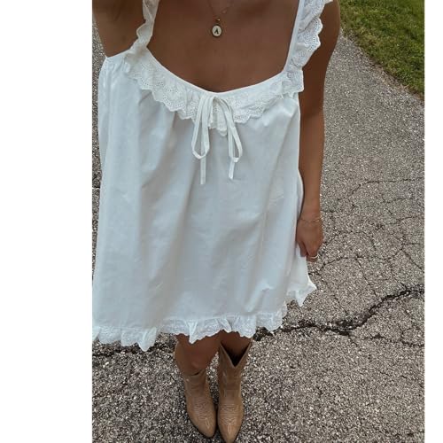 Image of Women Y2K Babydoll Mini Dress Cute Bow Lace Trim Pleated Ruffle Short Sundress Casual Party Vacation One Pieces
