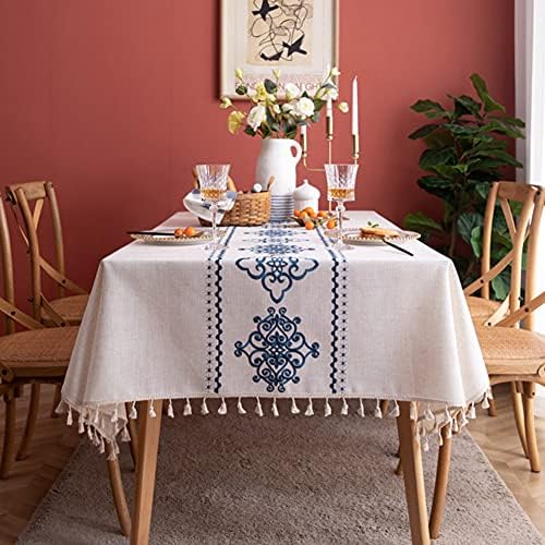 AMZALI Table Cloth Embroidery Damask Pattern Wrinkle Free Heavy Weight Cotton Linen Farmhouse Tablecloth Decorative Fabric Tassel Table Cover for Outdoor and Indoor Use (Rectangle,55 x 70 Inch)