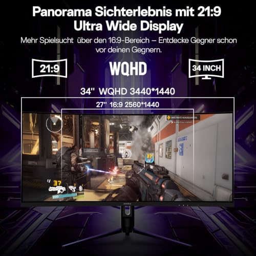 KOORUI 34 Zoll Curved Ultrawide Gaming Monitor 21:9 WQHD 240Hz für 1500R VA-Panel,HDR400,1ms Adaptive Sync… – Ansicht 3