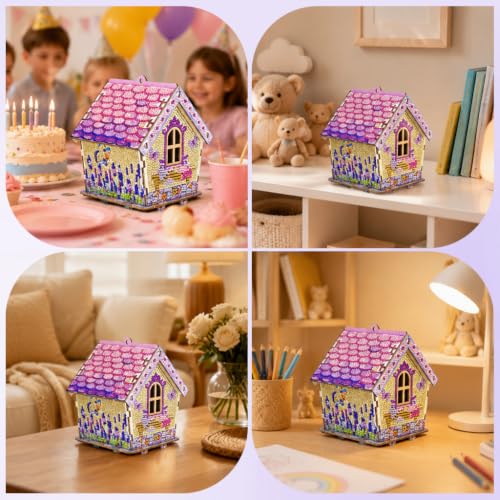 Image of HASTHIP Diamond Painting Cabin Model DIY Full Drill Miniature House Wood 3D Crystal Mosaic House Kit for Creative Crafting and Home Display Tabletop Decoration