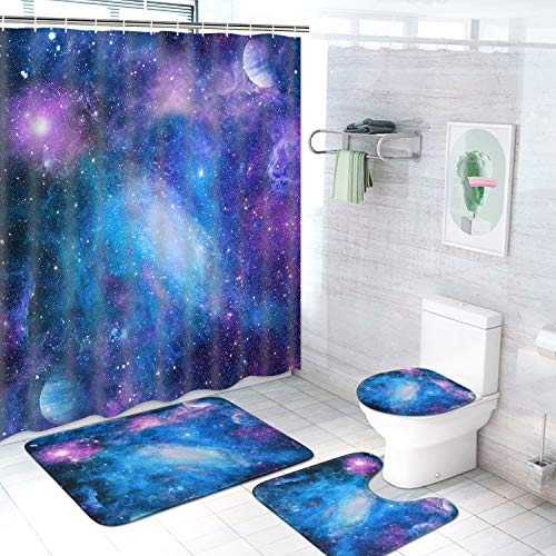 Tamoc 4 Pcs Purple Galaxy Shower Curtain Set With Non-Slip Rug, Toilet Lid Cover And Bath Mat, Starry Space Shower Curtain With 12 Hooks, Nebula Universe Bathroom Curtain, Waterproof, Durable #TOP3
